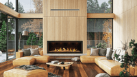 Napoleon Tall Linear Vector 74 gas fireplace lifestyle shot in living room