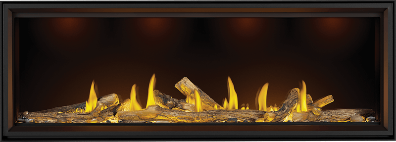 Napoleon Tall Linear Vector 74 gas fireplace product shot with oak logs and woodland media