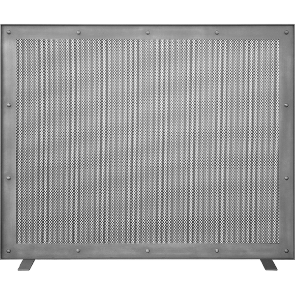 Custom free standing fireplace screen with heavy gauge mesh and thick steel frame in antique grey