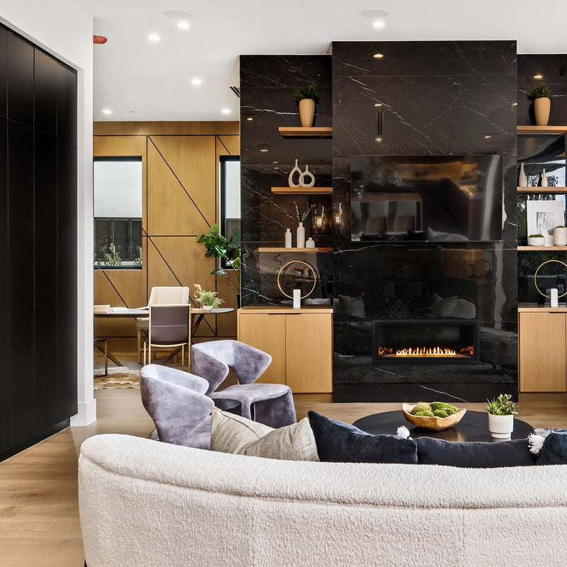 Empire Boulevard vent-free linear fireplace in living room