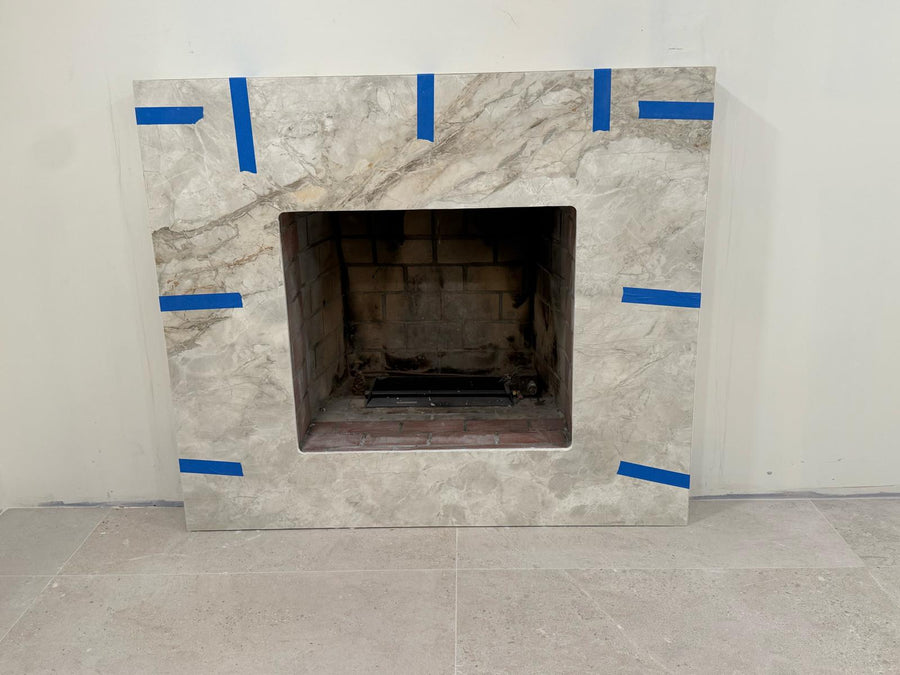 Stiletto Cutback Ultra Thin // Masonry // Hole In Wall Fireplace // 34 5/8" W x 30 3/8" H // Matte Black // Modern Handle // Clear Glass // Bifold // Black Mesh