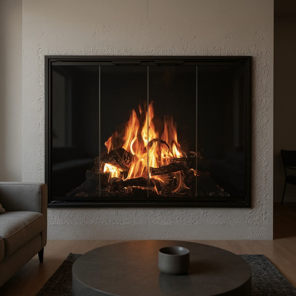 Modern Stiletto Cutback Fireplace glass doors with black extruded aluminum frame and tempered safety glass, custom made for durable and elegant fireplace enclosure