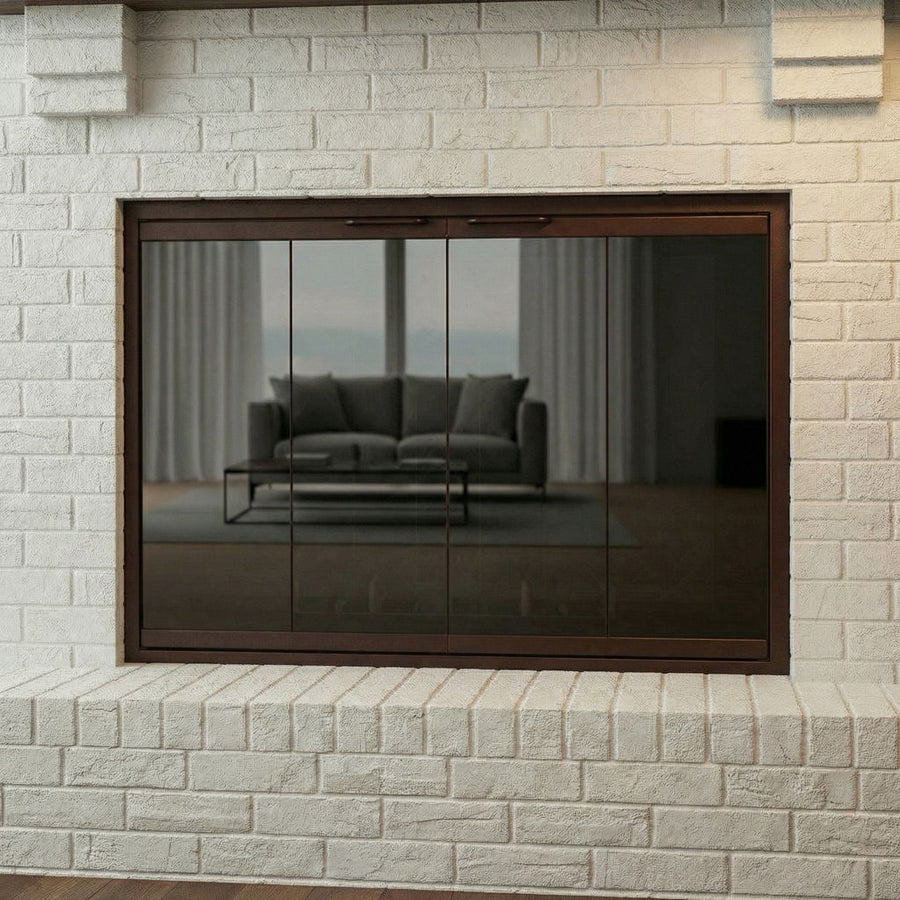 Legend Slim Stainless Steel / Exact Size 42" W x 30 3/16" H / Mahogany / Contemporary Handles / Stainless Steel Mesh / Bi-Fold