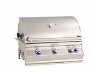 Fire Magic Aurora A660i Built-In Gas Grill — solid hood, shown with optional rotisserie and standard burners