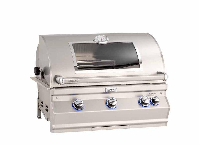 Fire Magic Aurora A660i Built-In Gas Grill — Magic View Window, shown with optional rotisserie and standard burners