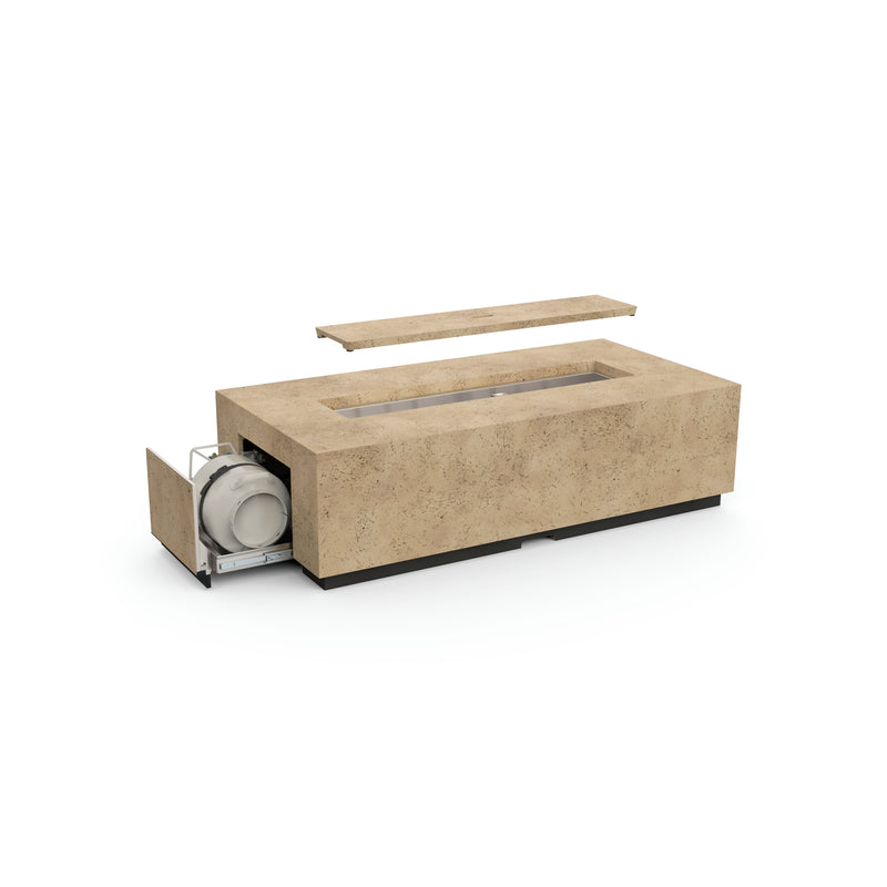 American Fyre Designs Legend Long LP Select Fire Table in Travertine — propane cylinder storage shown; cylinder sold separately