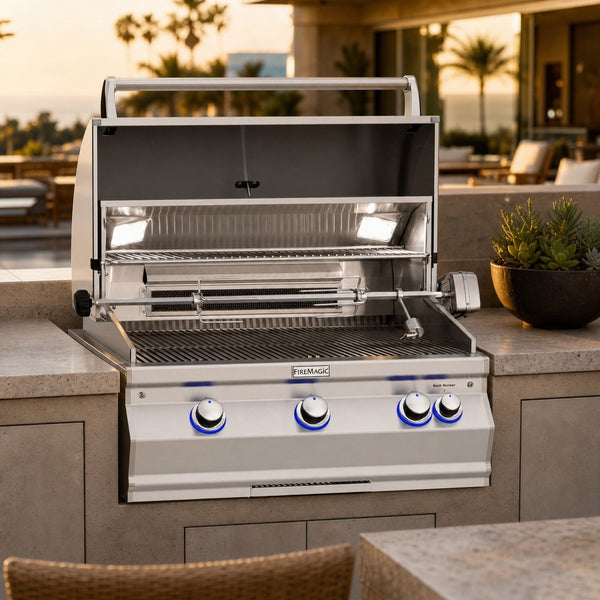 Fire Magic Aurora A660i 30" Built-In Gas Grill with Rotisserie & Analog Thermometer — lifestyle