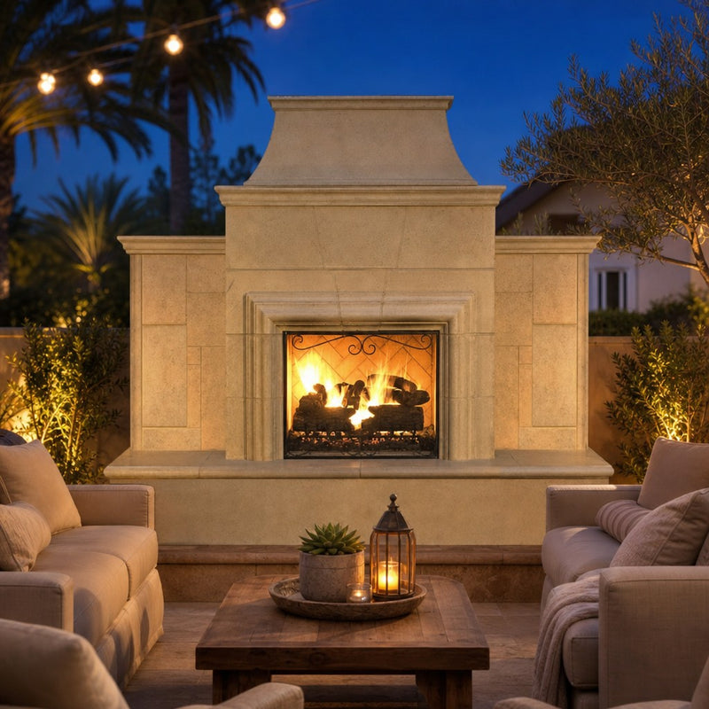 American Fyre Designs Grand Cordova 110" Vented Outdoor Gas Fireplace — lifestyle