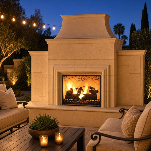 American Fyre Designs Grand Cordova 110" Vent-Free Outdoor Gas Fireplace — lifestyle