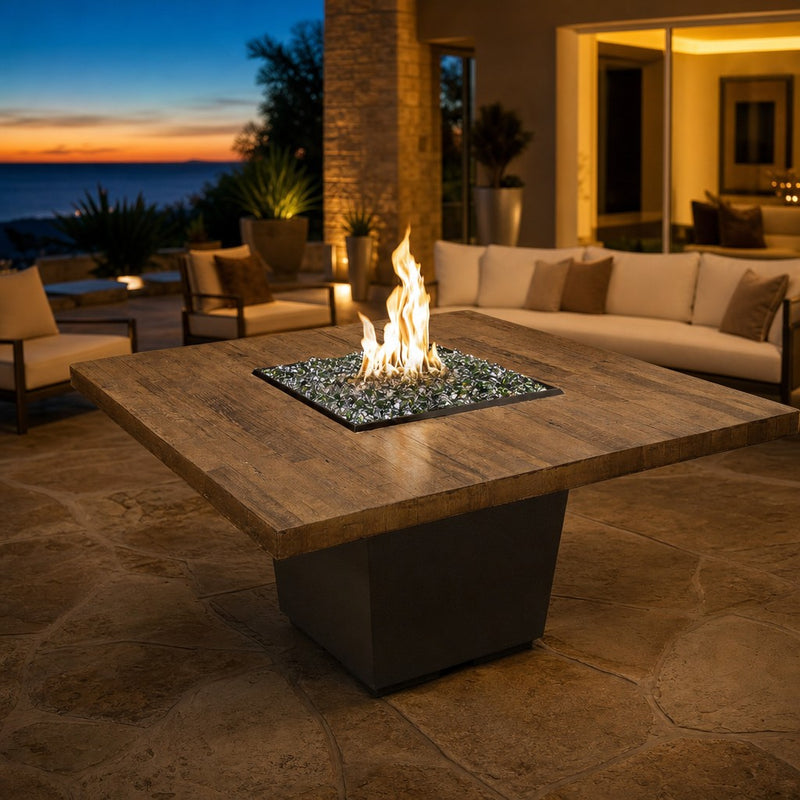 American Fyre Designs Reclaimed Wood Cosmopolitan 60" Square Dining Firetable - French Barrel Oak — lifestyle