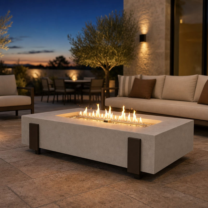 American Fyre Designs Iron Saddle 60" Rectangular GFRC Gas Fire Table — lifestyle