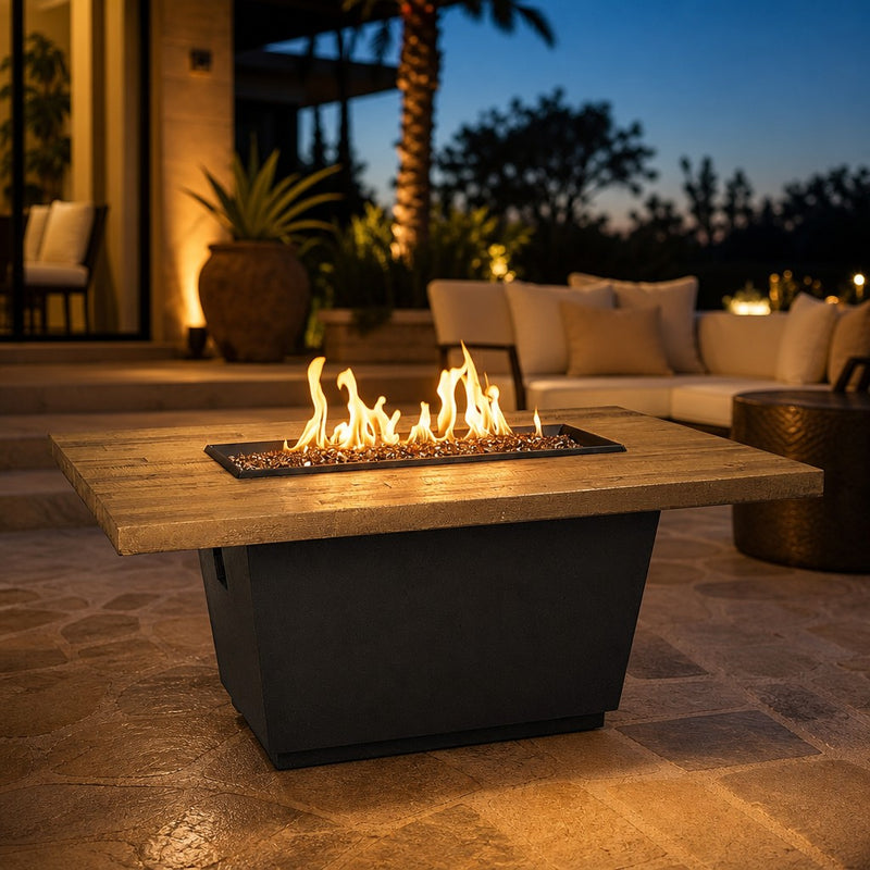 American Fyre Designs Reclaimed Wood Cosmopolitan 54" Rectangle Fire Table - French Barrel Oak — lifestyle