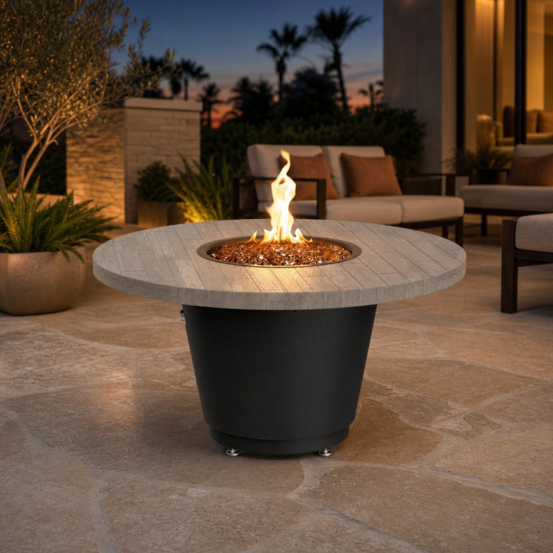 American Fyre Designs Reclaimed Wood Cosmopolitan 48" Round Gas Fire Table - Silver Pine — lifestyle