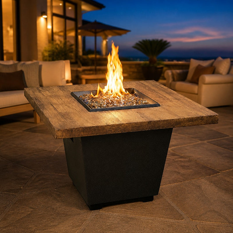 American Fyre Designs Reclaimed Wood Cosmopolitan 36" Square Fire Table — lifestyle
