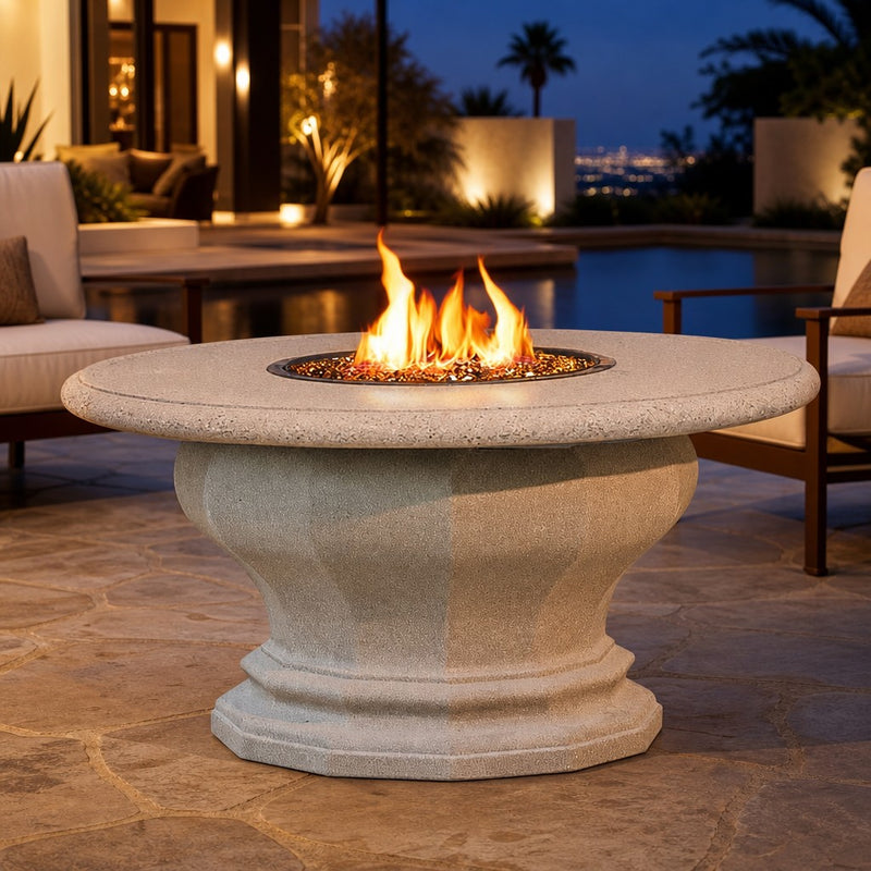 American Fyre Designs 48" Inverted Round Gas Fire Table with Concrete Top — lifestyle