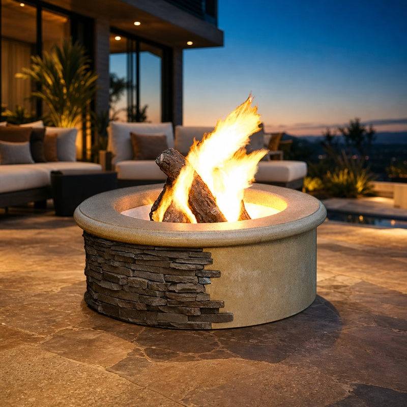 American Fyre Designs Contractor's Model 39" Round GFRC Gas Fire Pit — lifestyle