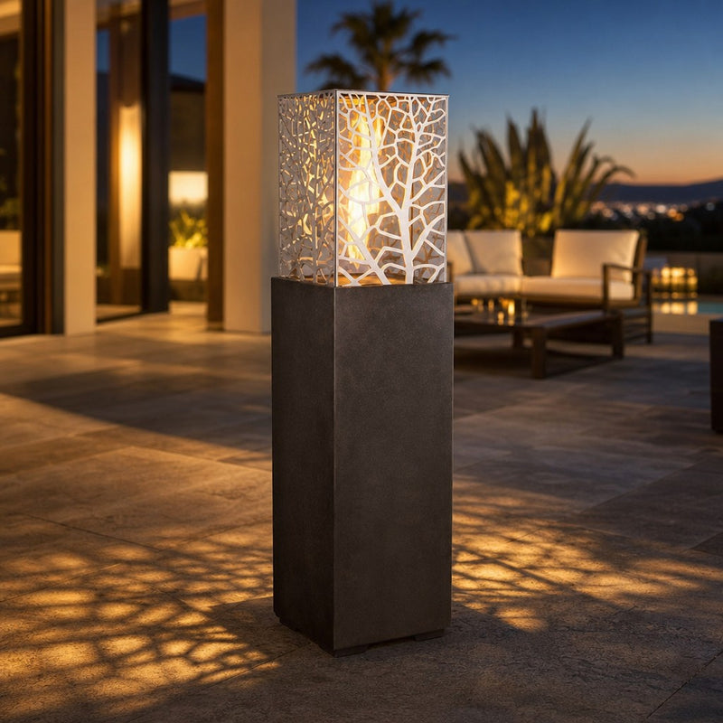American Fyre Designs Magnolia Lantern 16" Square Gas Fire Tower - Black Lava — lifestyle