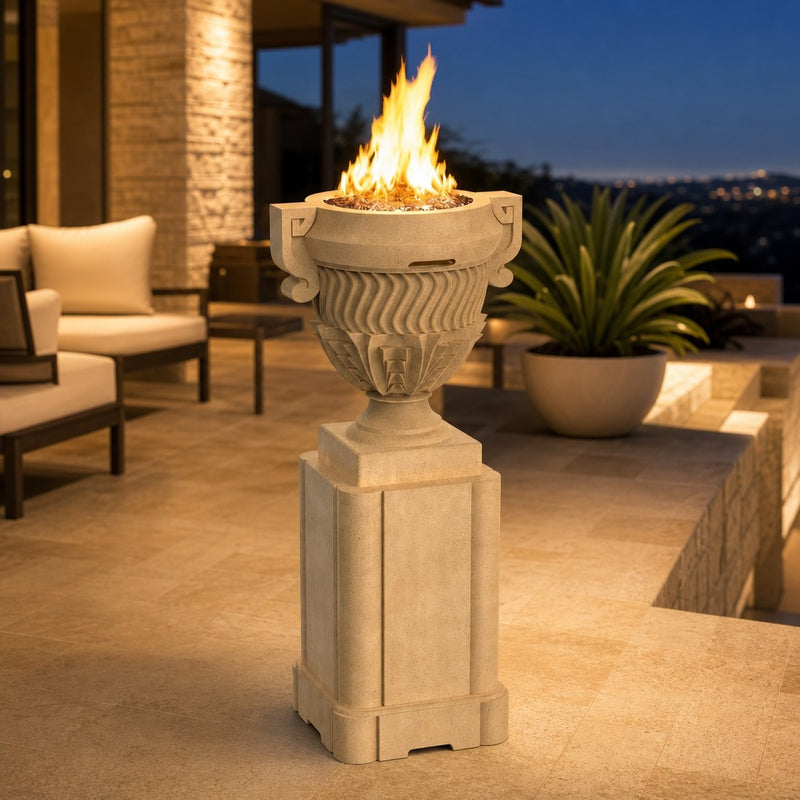 American Fyre Designs Piage 26" Gas Fire Urn with Pedestal - Café Blanco — lifestyle