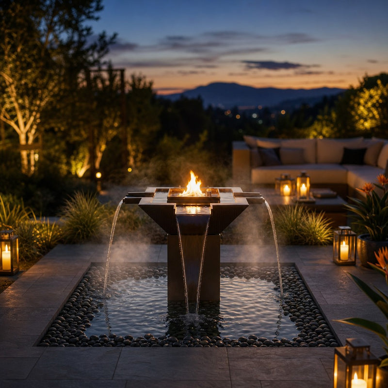 60" Olympian Square 4-Way Spill Hammered Copper Fire & Water Fountain – Low Voltage Electronic Ignition — lifestyle