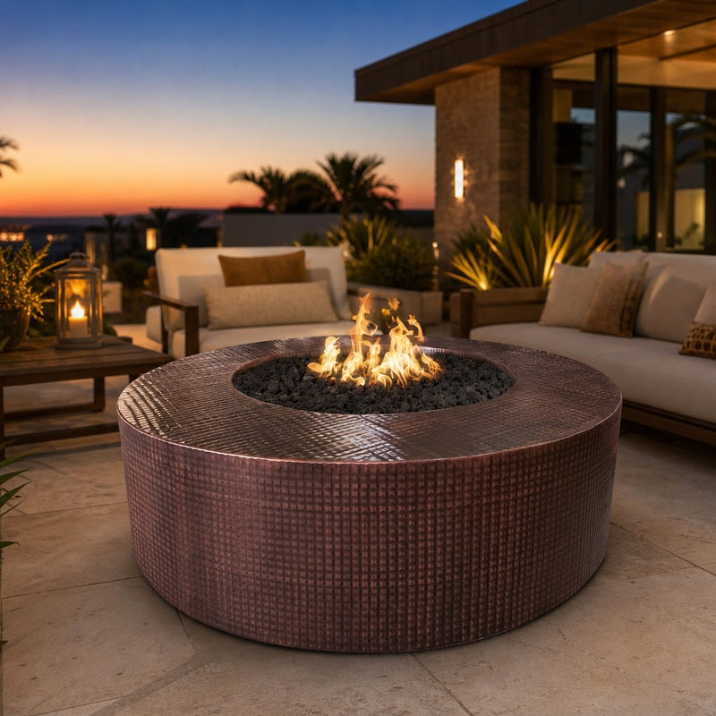 The Outdoor Plus 72" Unity Hammered Copper Round Fire Pit – Plug & Play Electronic Ignition – Natural Gas — lifestyle