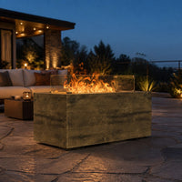 120" Rectangular Catalina Fire Pit – Wood Grain GFRC Concrete, Oak, 110V Plug & Play, Natural Gas — lifestyle