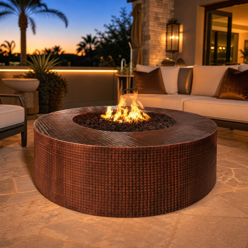 The Outdoor Plus Unity 60" Round Hammered Copper Fire Pit – 18" Tall – 110V Plug & Play Electronic Ignition – Natural Gas — lifestyle