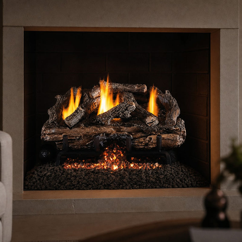 Peterson Real Fyre Charred Aged Split Ventless Refractory Gas Log Set — lifestyle
