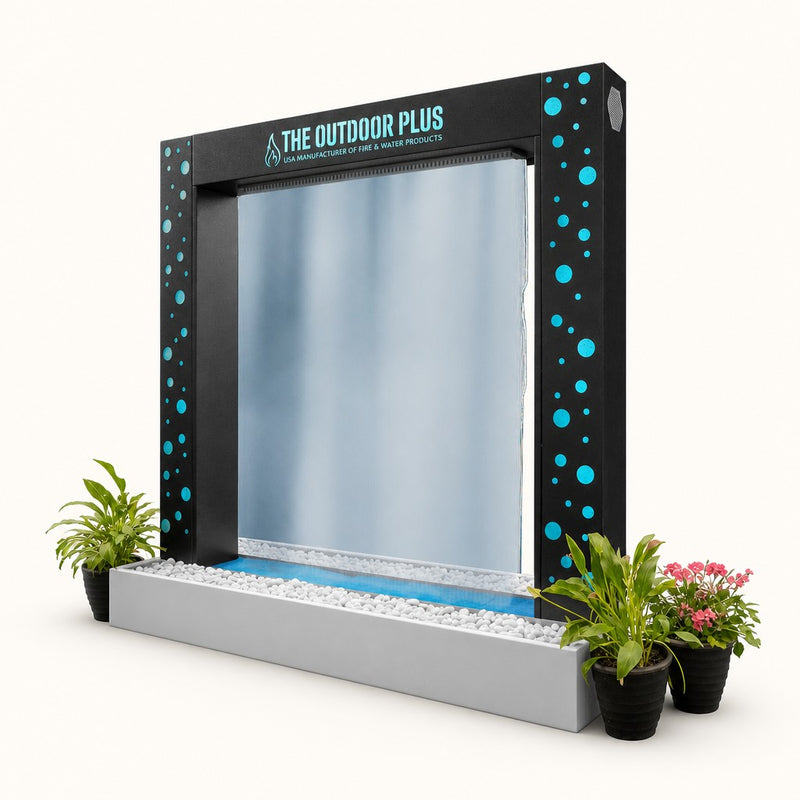 The Outdoor Plus Paradise Fall 96" LED Waterfall Feature — Metal Powder Coat with Copper Rainfall Scupper — studio