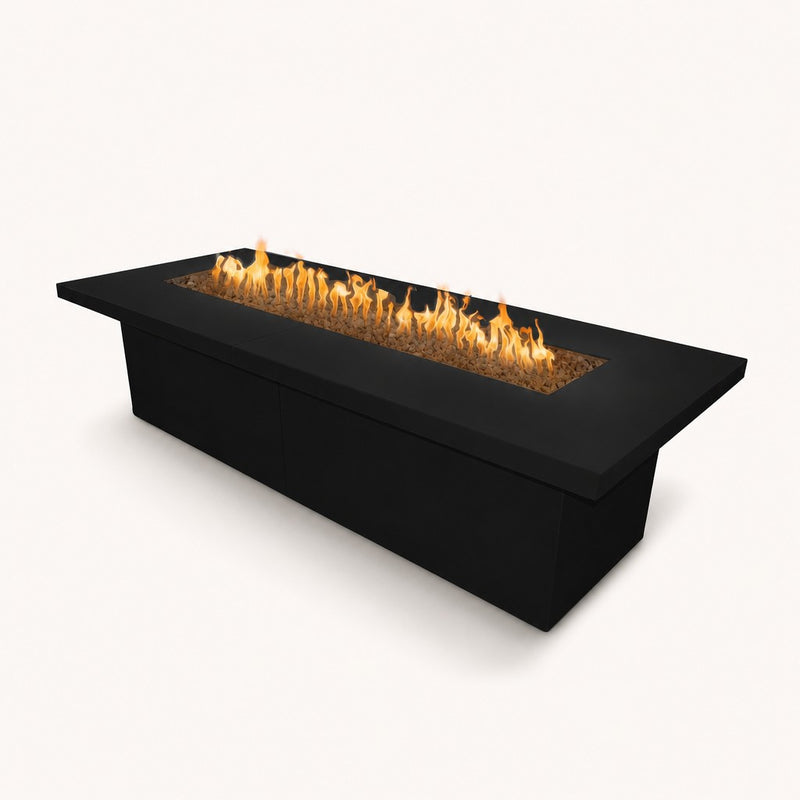 The Outdoor Plus Newport GFRC 144" Fire Table — Black | Plug & Play Electronic Ignition with Dial Timer Panel — studio