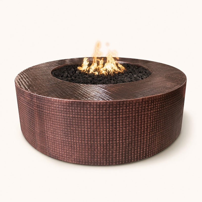 The Outdoor Plus Unity 60" Round Hammered Copper Fire Pit – 18" Tall – 110V Plug & Play Electronic Ignition – Natural Gas — studio