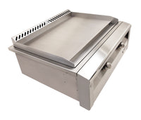 Included griddle head detail: cooking plate, grease channel and two temperature controls; cart omitted in this detail photo