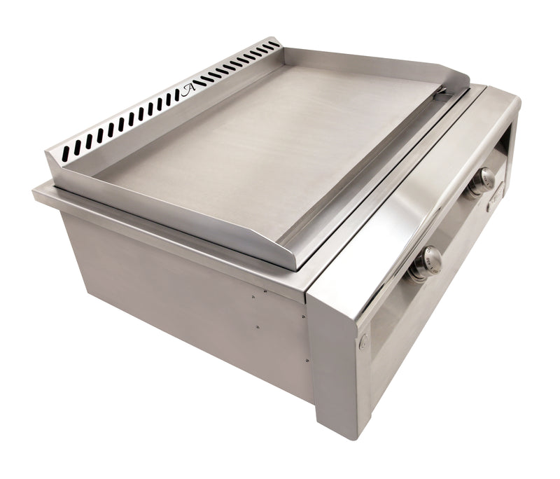 Included griddle head detail: cooking plate, grease channel and two temperature controls; cart omitted in this detail photo