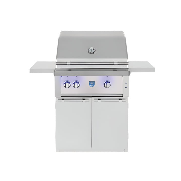 American Made Grills freestanding estate 30-inch gas grill with stainless steel, rotisserie, and storage cart features