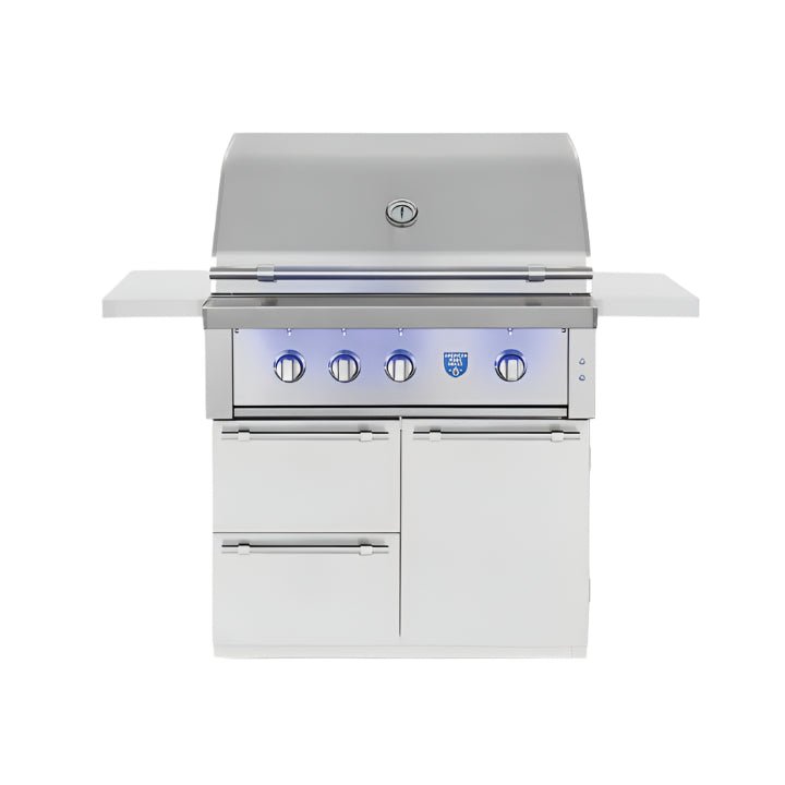 American Made Grills freestanding 36-inch Estate gas grill with stainless steel cart and rotisserie kit