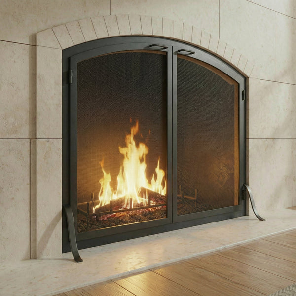 Custom fireplace arch screen with operable doors, solid steel frame, heavy gauge mesh, made in USA