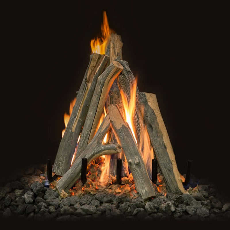 24" Arizona Juniper Kiva Vented Gas Log Set with realistic hand-painted weathered logs and dynamic Kiva burner flames