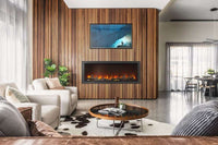 Astound 62" built-in electric fireplace with realistic flames, frameless design, tinted glass, and customizable ember colors