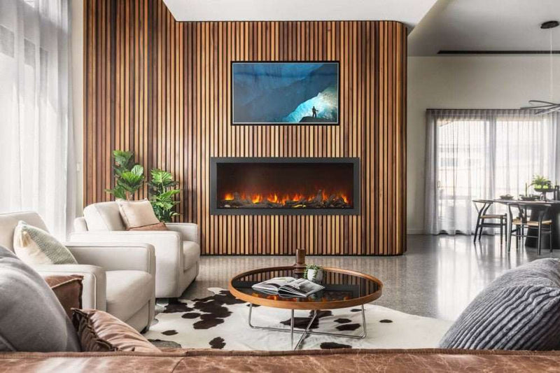 Astound 62" built-in electric fireplace with realistic flames, frameless design, tinted glass, and customizable ember colors