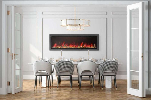 Astound 74" Built-In Electric Fireplace with large viewing area, realistic flames, flip-down glass, WiFi control, ECO and Boost modes, customizable lighting, and driftwood logs