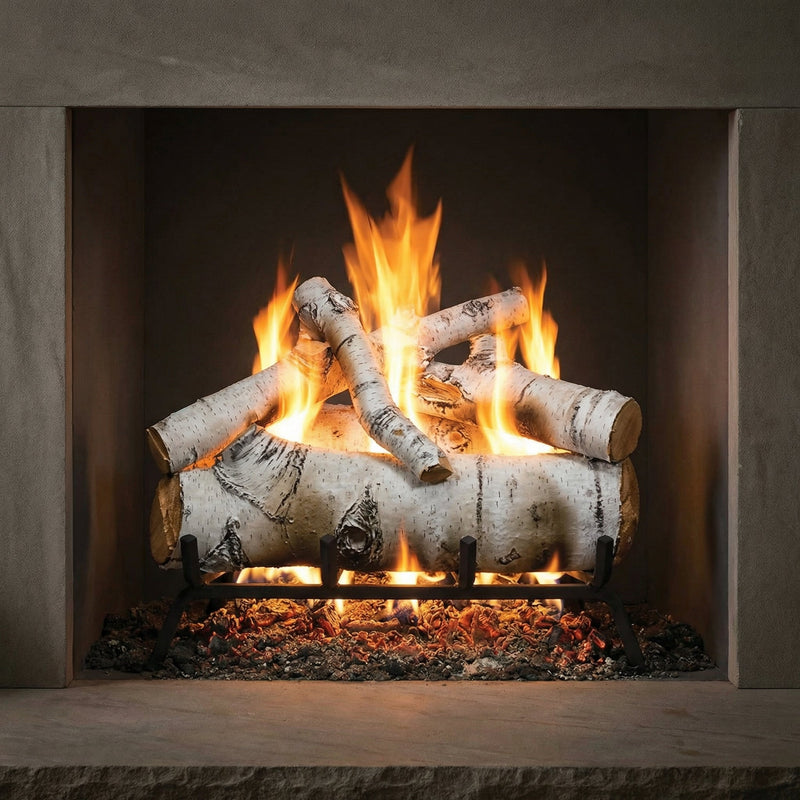 18" Sierra Birch Country Split Vented Gas Log Set with realistic ceramic logs and glowing embers for single-sided fireplaces