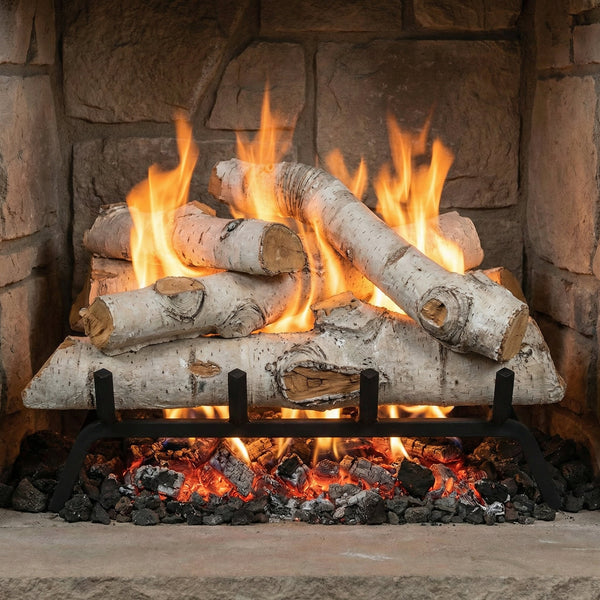 15" Sierra Birch Country Split Vented Gas Log Set with glowing embers for single-sided fireplace