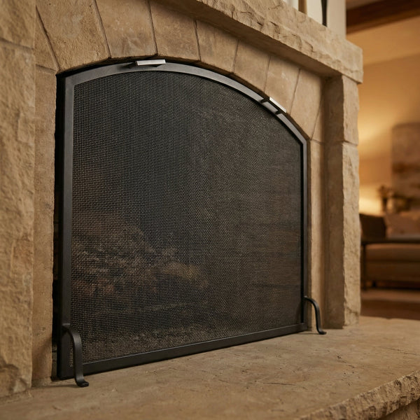 Custom Steel Arch Fireplace Screen with 3/16" solid steel frame and heavy gauge mesh