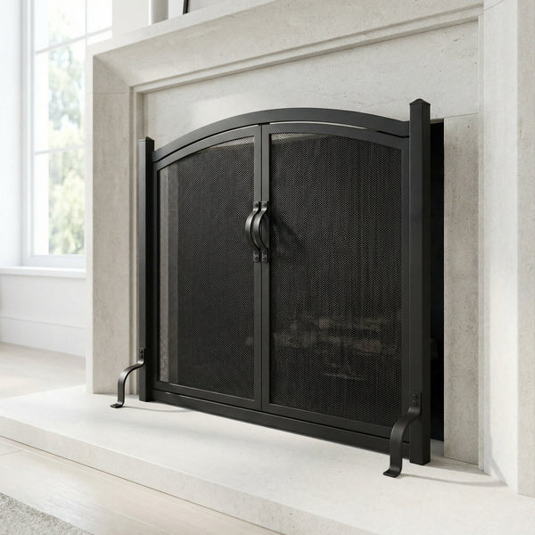 Custom free standing fireplace screen with colonial design and working doors in charcoal finish