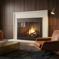 Custom Mantel Masonry and Prefab Fireplace Glass Doors with detailed frame specifications and 5-year warranty