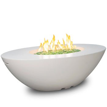 Calais Oval Firetable modern gas fire pit with white aspen finish and stainless steel burner