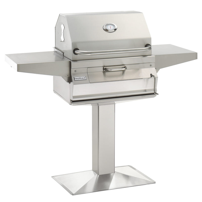 Fire Magic 24-Inch Stainless Steel Charcoal Grill on Patio Post — manufacturer exact model photograph