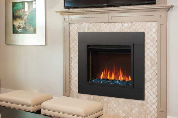 Cineview™ 30 Built-in Electric Fireplace with customizable flame colors, logs and glass media, energy-efficient heating, and seamless built-in design