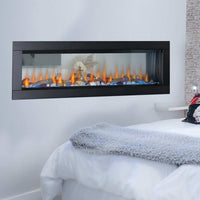 Clearion™ Elite 60 see-through built-in electric fireplace heating two rooms with customizable flame colors and privacy mode