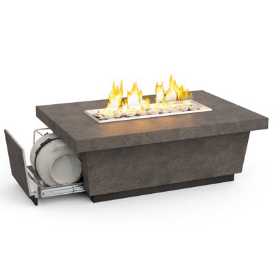 Contempo LP Select firetable in dark basalt finish with hidden propane tank drawer and stainless steel linear burner outdoors