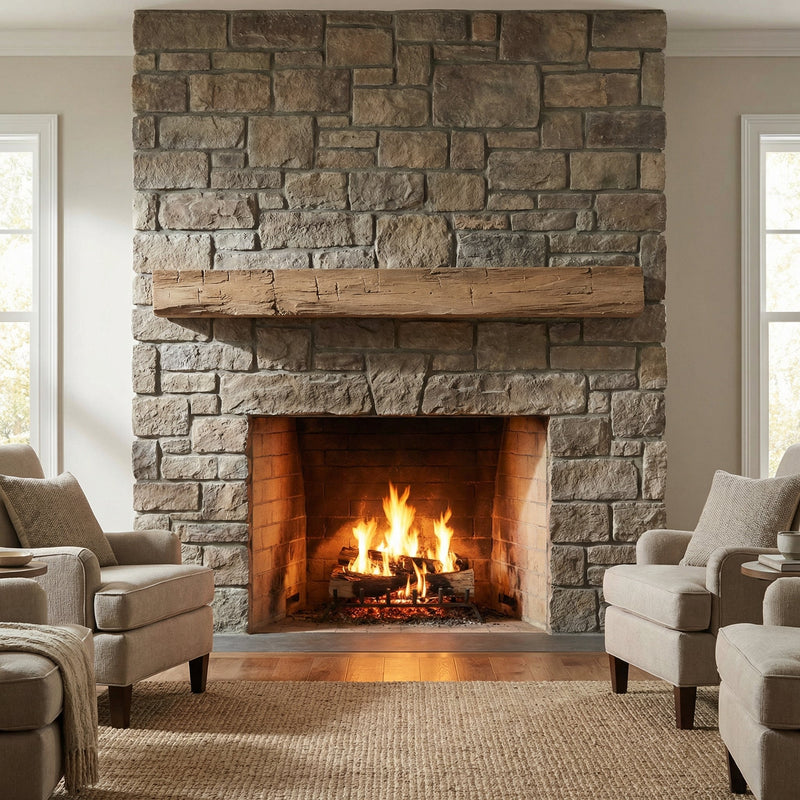 Hayloft Non-Combustible Concrete Mantel Shelf in pale honey finish with rustic hand-hewn beam details